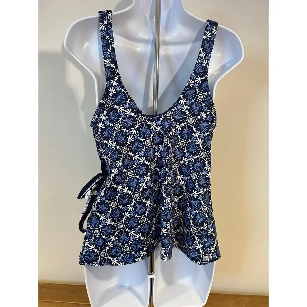 Lands' End Sz 12 Mini Swim Tankini Seashell Geo Navy Side Tie Summer Beach NWT
